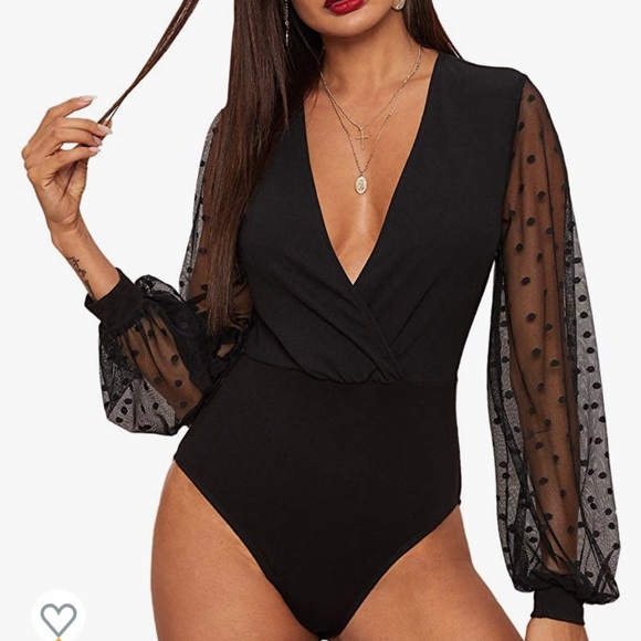 Crotch Polka dot mesh Long Sleeve V Neck Bodysuit for Women